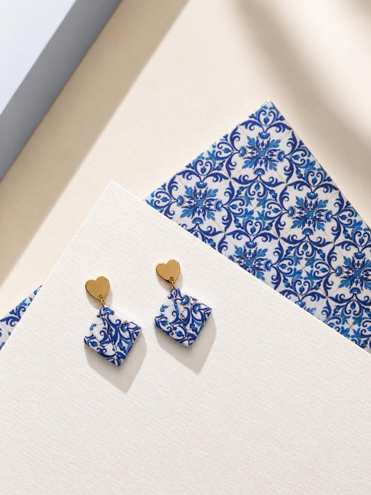 HEART | Brincos de Origami em Aço Inoxidável papel Azulejo Português feitos à mão
