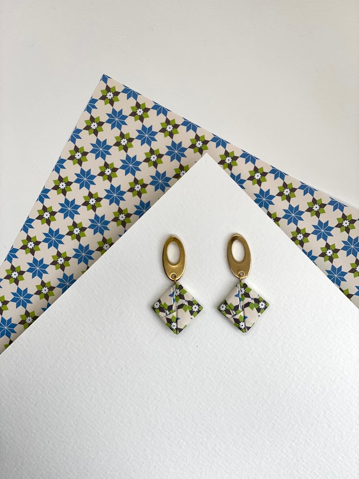 OVAL | Brincos de Origami em Aço Inoxidável papel Azulejo Português feitos à mão