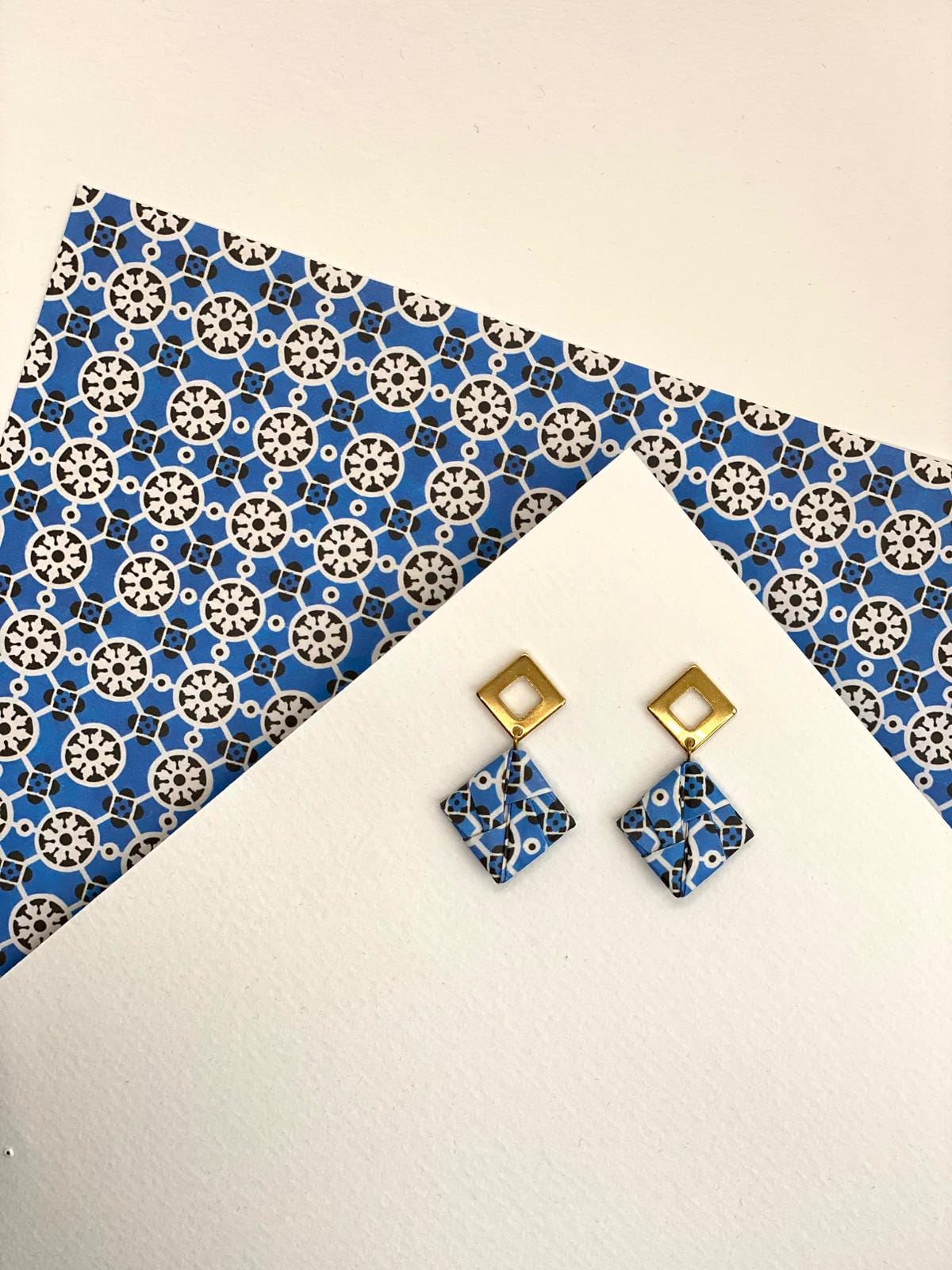 LOSANGO | Brincos de Origami em Aço Inoxidável papel Azulejo Português feitos à mão (etsy image id: 7933721814)