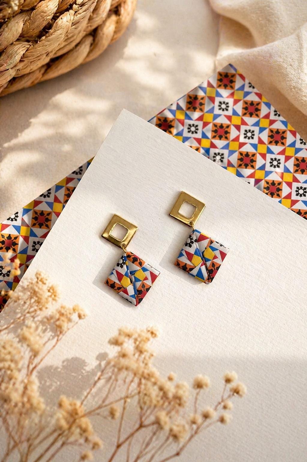 LOSANGO | Brincos de Origami em Aço Inoxidável papel Azulejo Português feitos à mão (etsy image id: 8012306665)